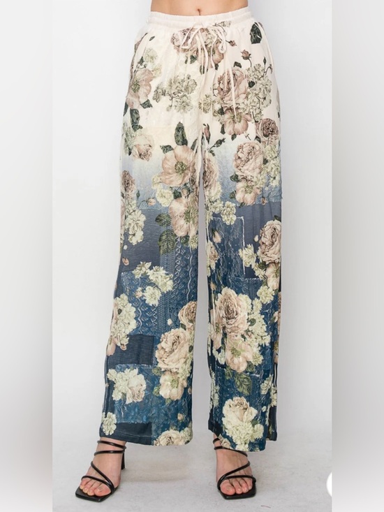 Origami Pants - Origami Beige & Blue Floral Wide Leg Pants M
